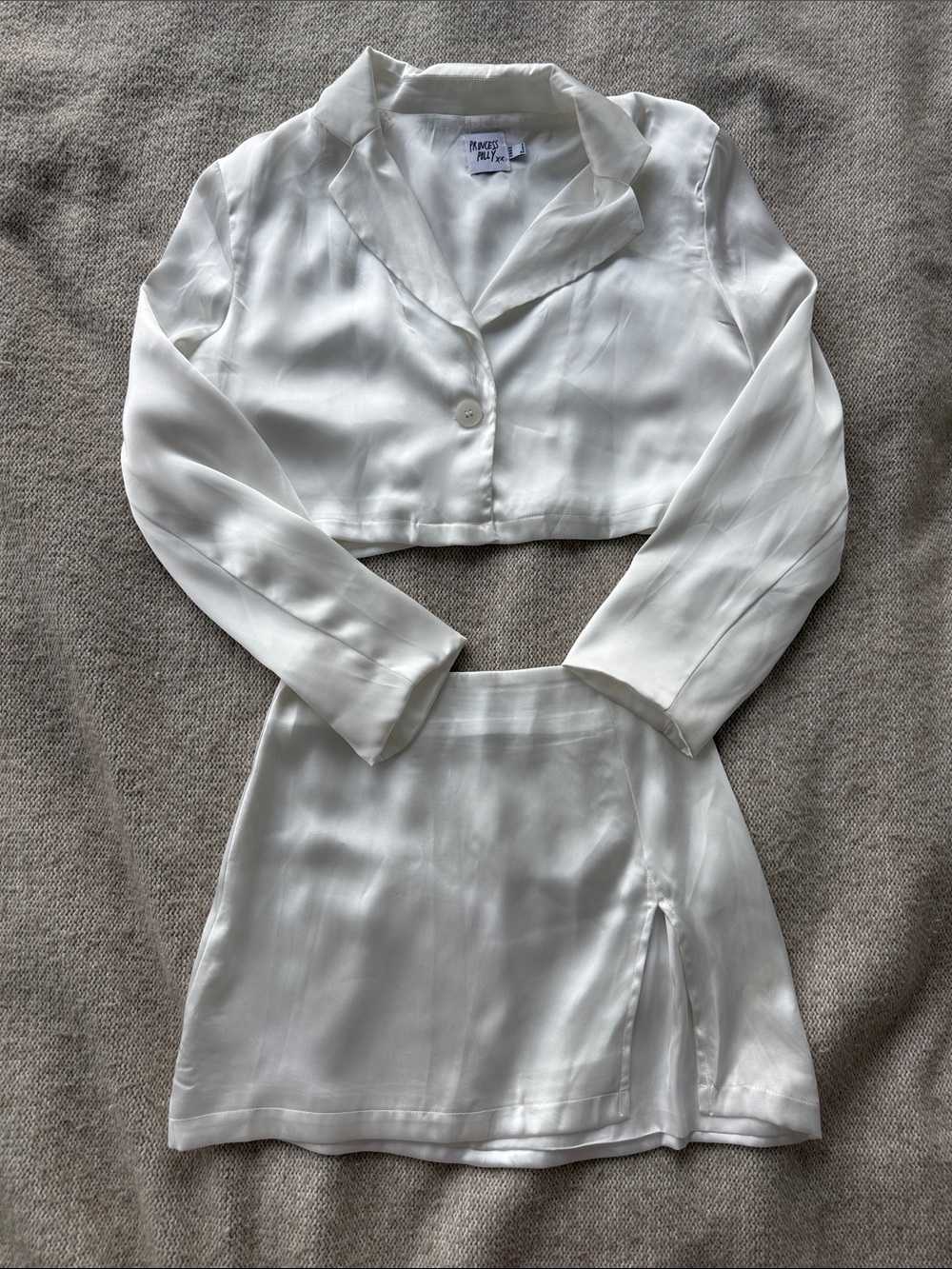 Princess Polly White Satin Two-Piece Crop Blazer & Skirt Set